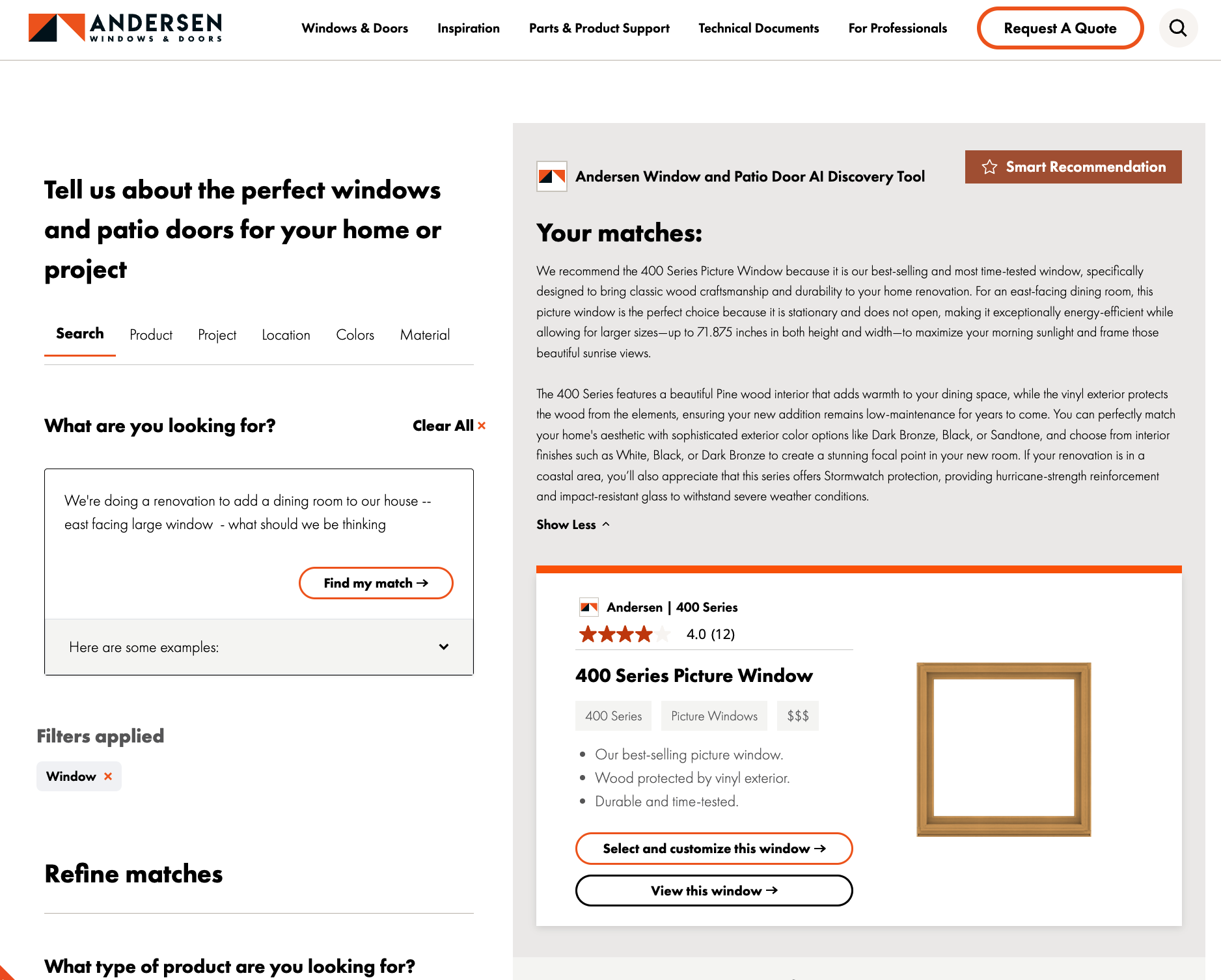 Andersen Windows & Doors AI guided selling experience built with Threekit
